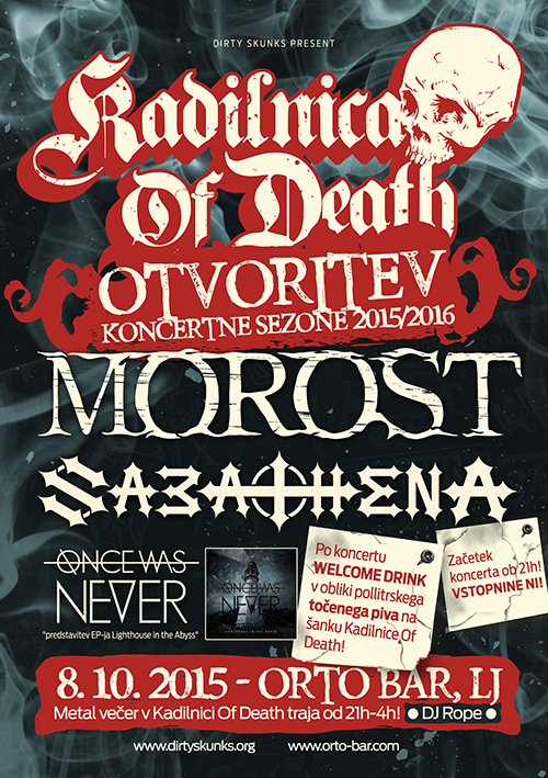 Kadilnica Of Death: Otvoritev sezone 2015/2016 s koncertom skupin Morost, Sabathena in Once Was Never