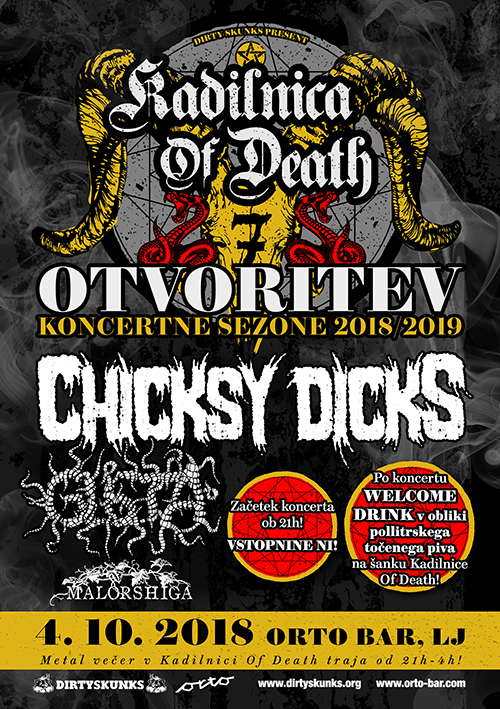 Kadilnica of Death: Otvoritev sezone 2018/2019 s koncertom skupin Chicksy Dicks, Glista in Malorshiga