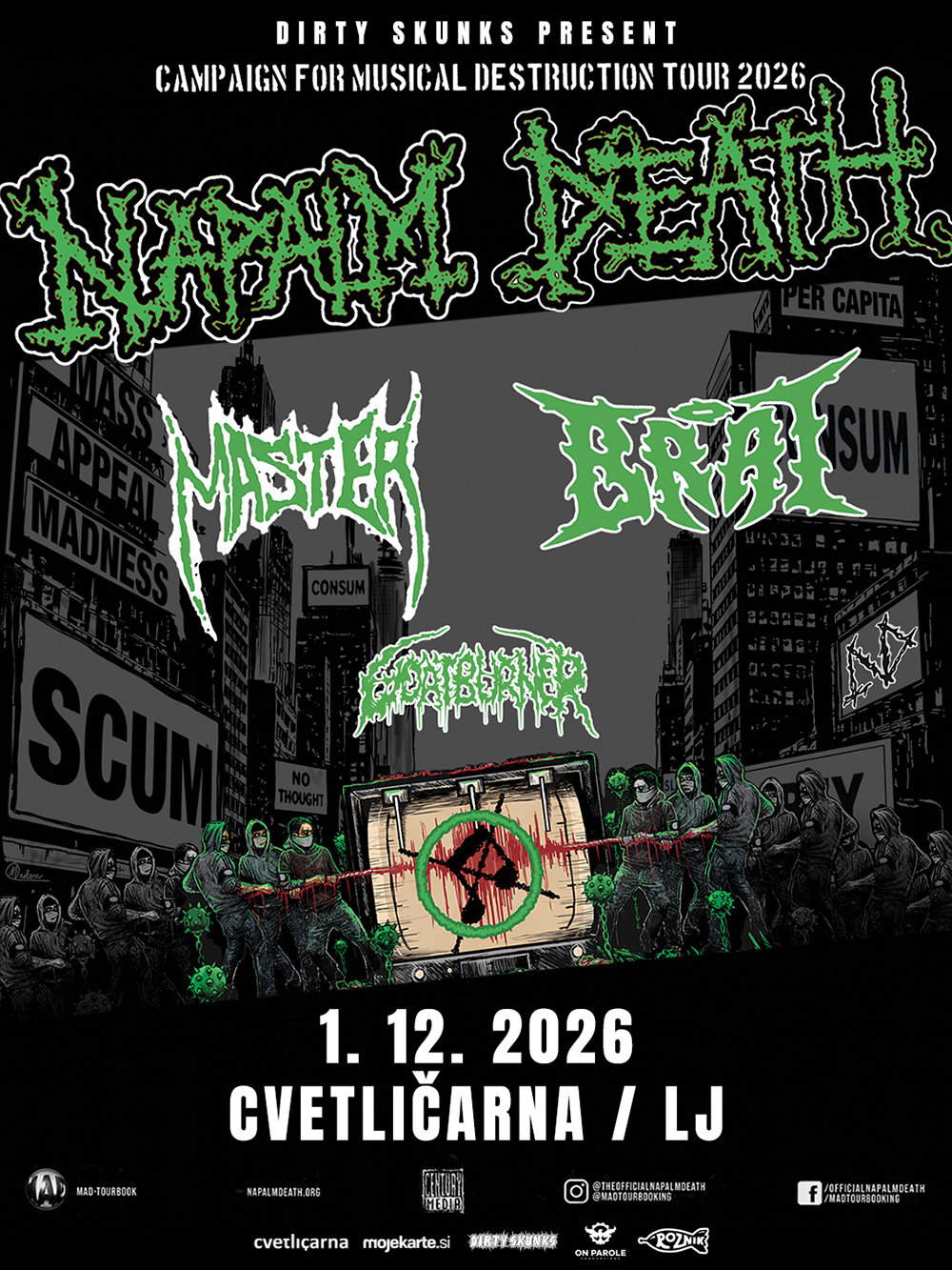 01.12.2026 - Napalm Death (UK), Master (USA/Cze), Brat (USA), Goatburner (Fin) @ Cvetličarna, Ljubljana